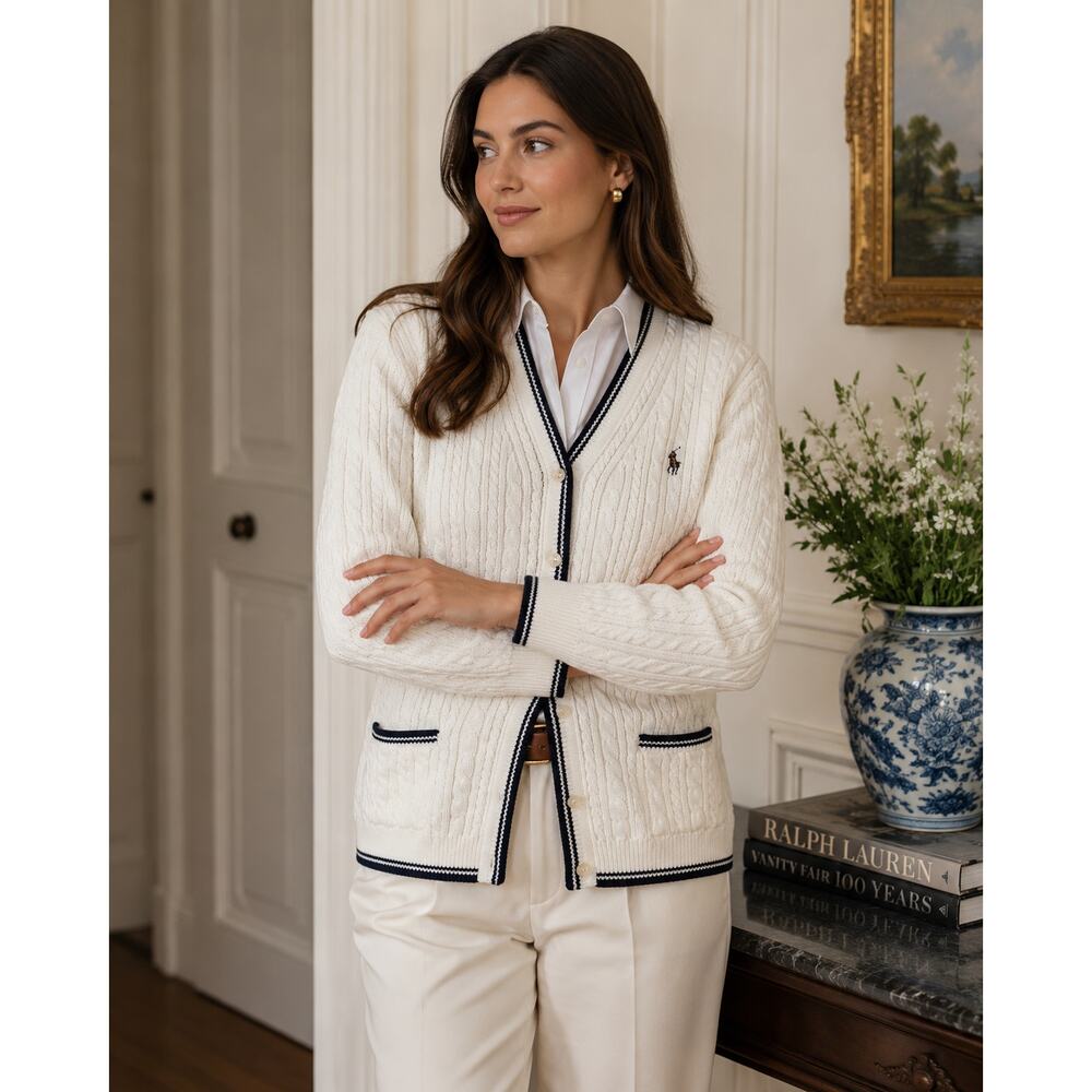 Lauren Ralph Lauren contrast-trim, V-neck, Petite, white cable-knit cardigan